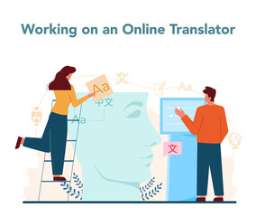 Translator and translation service concept. Linguist translating document,