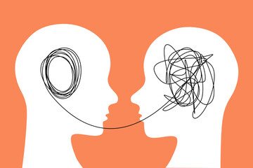 Human heads connected with one line. Telepathy concept. Vector. - obrazy, fototapety, plakaty