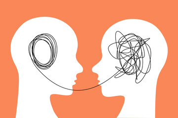 Learning process concept illustration. A person transmits information to another person. Human head flat outline icon.