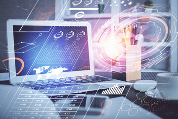 Double exposure of desktop with computer on background and tech theme drawing. Concept of big data.