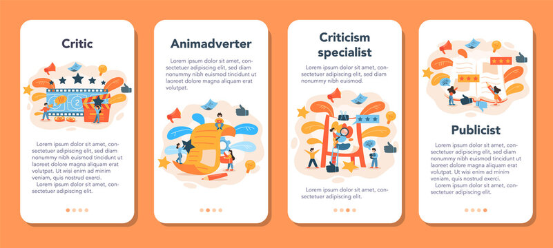 Professional critic mobile application banner set. Journalist making