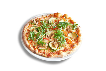 White plate with round pizza and mushroom.