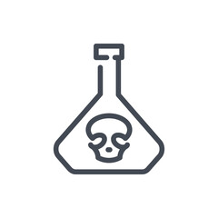 Glass bottle with poison line icon. Lab glassware with danger liquid vector outline sign.