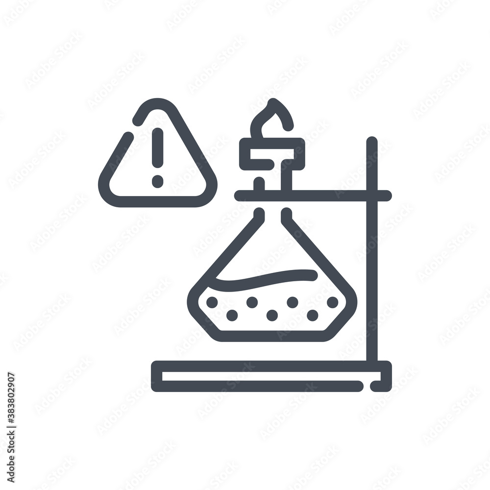 Poster lab experiment with bottle with burning liquid and attention notification line icon. science experim