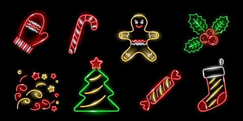 Set of neon Cristmas icons isolated on black background. Christmas tree, holly, stocking, candy-cane, mitten, gingerbread man. Xmas, winter, New Year concept. Vector 10 EPS illustration.