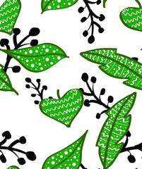Abstract Hand Drawing Tropical Leaves and Branches Repeating Vector Pattern Isolated Background