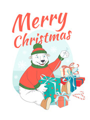 Merry Christmas greeting card cute polar bear wearing knitted sweater ant hat  opening presents. Hand drawn flat doodle style