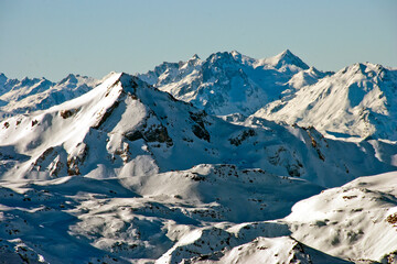 French Alps from Mont Vallon in Meribel Mottaret Les Trois Vallees 3 Valleys ski area France