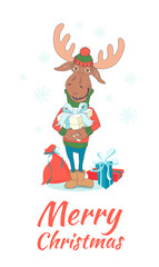 Cute Merry christmas and happy New Year card with deer (elk, moose). Lovely cartoon background with holiday symbols and presents. Hand drawn doodle style