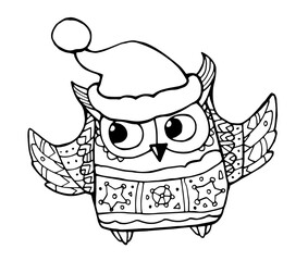 Funny owl in a Santa Claus hat. Merry Christmas concept. Coloring book page for adults and kids. Cute vector illustration, line artwork, tattoo. Black and white. Hand drawn sketch