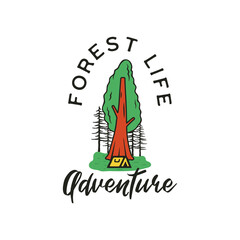 Forest life adventure logo, retro camping emblem design with trees and tent. Unusual vintage art style sticker. Stock vector label