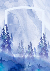 Watercolor art illustration. Drawing of the blue forest, pine tree, spruce, cedar. Dark, dense forest, suburban landscape. Postcard, logo, card, banner. Misty forest, haze. wood on a snowy slope. clif