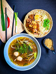 Traditional thai noodles soup with chicken  or pork