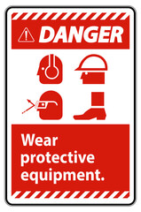 Danger Sign Wear Protective Equipment,With PPE Symbols on White Background,Vector Illustration
