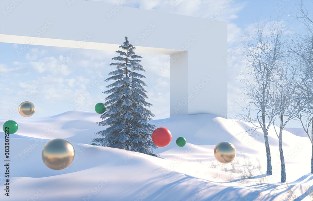 Poster abstract winter landscape scene with geometrical forms in natural day light. 3d render background.