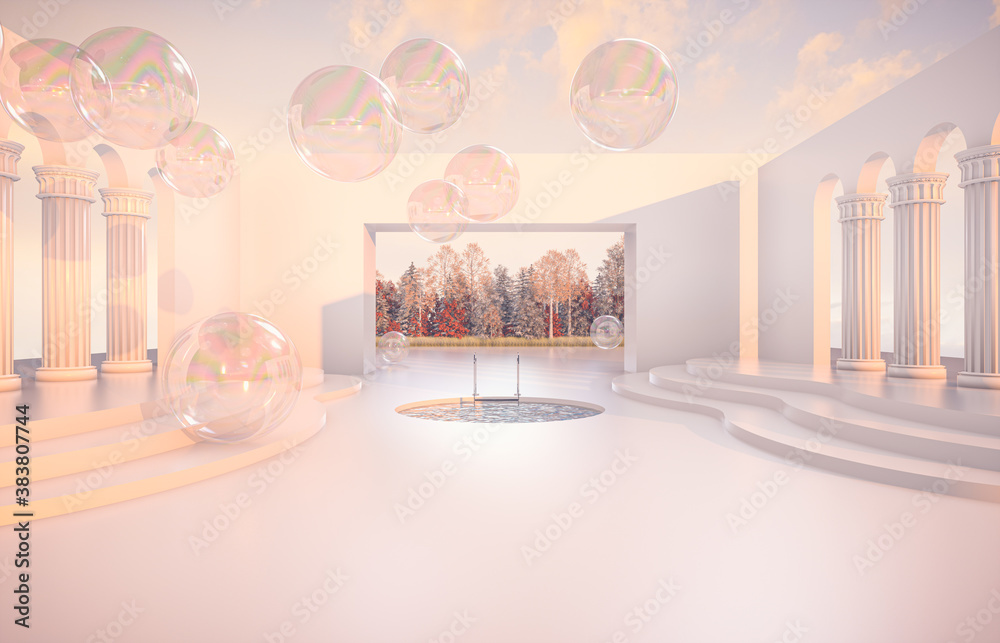 Aufkleber abstract autumn scene with geometrical forms, arch with a podium in natural day light. 3d render bac