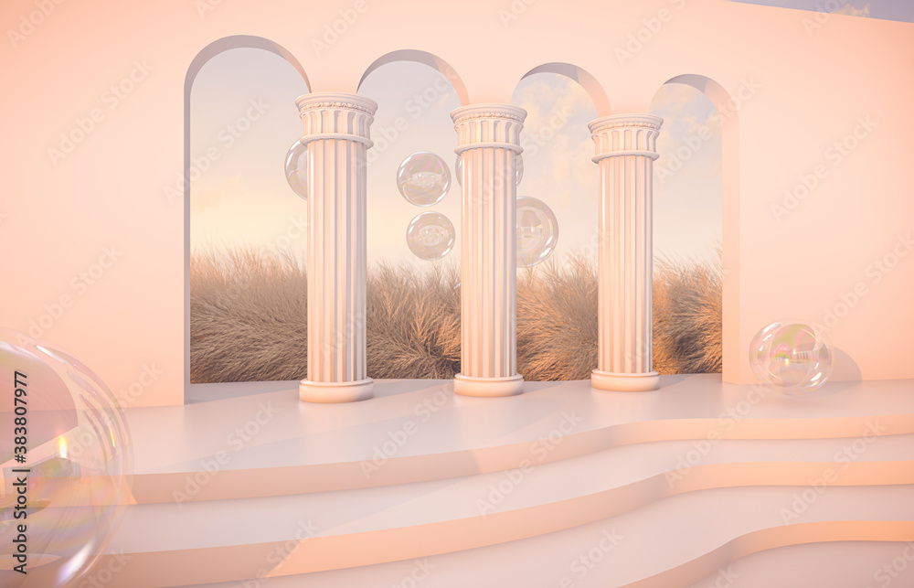 Aufkleber Abstract Autumn scene with geometrical forms, arch with a podium in natural day light. 3D render background.