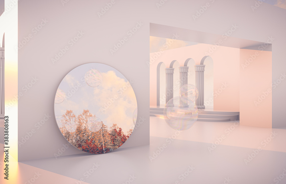 Poster abstract autumn scene with geometrical forms, arch with a podium in natural day light. 3d render bac