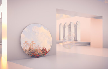 Abstract Autumn scene with geometrical forms, arch with a podium in natural day light. 3D render background.