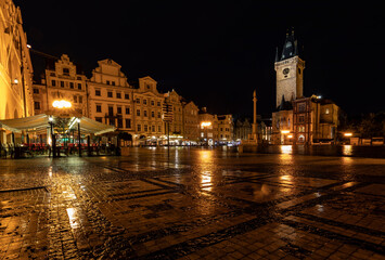 Fototapeta na wymiar Prague night, old town square after the rain