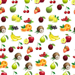 Seamless pattern  of different fruits with leaves and flowers