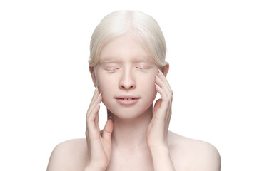 Purity. Portrait of beautiful albino woman isolated on white studio background. Beauty, fashion,...
