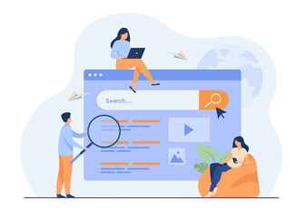 People using search box for query, engine giving result. Vector illustration for SEO work, SERP, online promotion, content marketing concept - obrazy, fototapety, plakaty