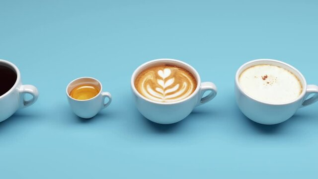 Animation one row a cup of coffee Set on blue background. 3D animation 4K.