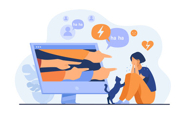 Social media bullying. Haters pointing fingers frim monitor at victim, laughing at crying girl. Flat vector illustration for hate, violence, stress, online abuse concept