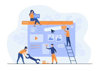 Digital marketing team constructing landing or home page. Tiny people painting units on webpage. Vector illustration for website designers, content managers, internet promotion concept - obrazy, fototapety, plakaty