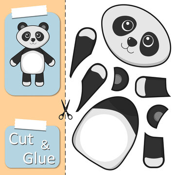 Cut and glue the paper Panda. Create application the cartoon fun Bear. Education riddle entertainment and amusement for children. Kids logic game and activities jigsaw. Preschool worksheet activity.