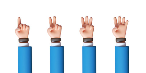 Fototapeta premium 3d render, cartoon character hand shows fingers, counting from one to four, business clip art collection isolated on white background
