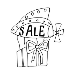 Steampunk airships with the inscription sale. Vector linear drawing in Doodle style. Isolated on a white background. Banner for sale.  Flying car with a gift. Advertising discounts