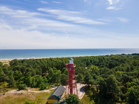 Aerial photograph of red lighthouse on Österlen in southern Sweden