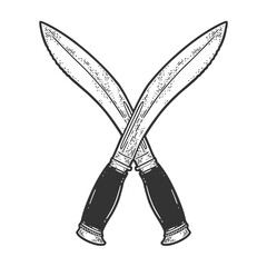 Crossed machete swords sketch engraving vector illustration. T-shirt apparel print design. Scratch board imitation. Black and white hand drawn image.