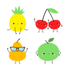 Pineapple Pear Apple Cherry icon set. Yellow color. Cute cartoon kawaii smiling baby character. Funny fruit berry face. Legs and hands. Flat design. Isolated. White background.