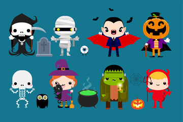 Happy Halloween. Halloween cute character monster set. Halloween Party costume kids. Vector illustration
