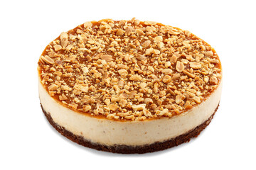 Whole New York style sprinkled with peanuts cheesecake isolated on a white background.