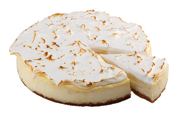 Whole glazed New York style cheesecake isolated on a white background.