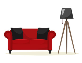 Red Sofa with a floor lamp. Vector illustration in flat style.