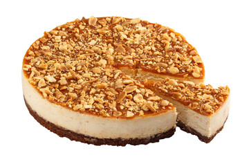 Whole New York style sprinkled with peanuts cheesecake isolated on a white background.