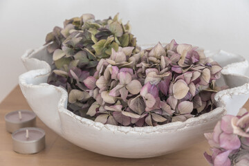 White pottery bowl with dried purple hydrangea flowers on wooden shelf, harmonious color concept