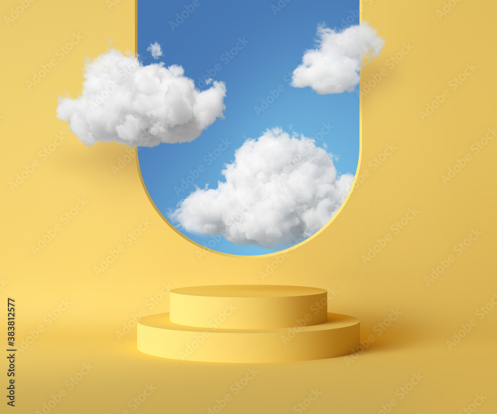 Wall mural 3d render, abstract background with blue sky inside the window on the yellow wall. white clouds fly 