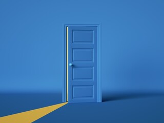 3d render, open blue door isolated on blue background, yellow light going through the slot. Architectural design element. Modern minimal concept. Opportunity metaphor.
