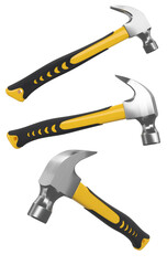 Set of black and yellow hammers with a rubberized handle isolated on white