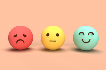 Illustration 3d d'un concept sur visage sourire heureux vert, évaluation des commentaires et avis clients positifs, expérience, enquête de satisfaction, évaluation de la santé mentale. rendu 3D