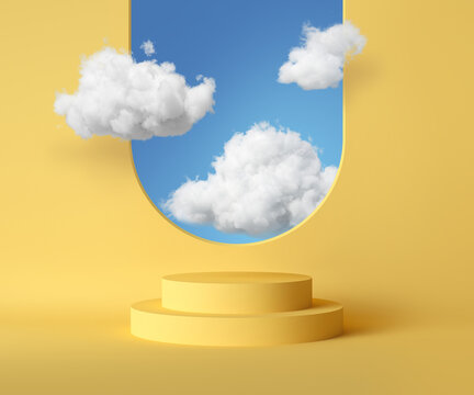 3d render, abstract background with blue sky inside the window on the yellow wall. White clouds fly inside the room with vacant podium. Blank showcase mockup with empty round stage © NeoLeo
