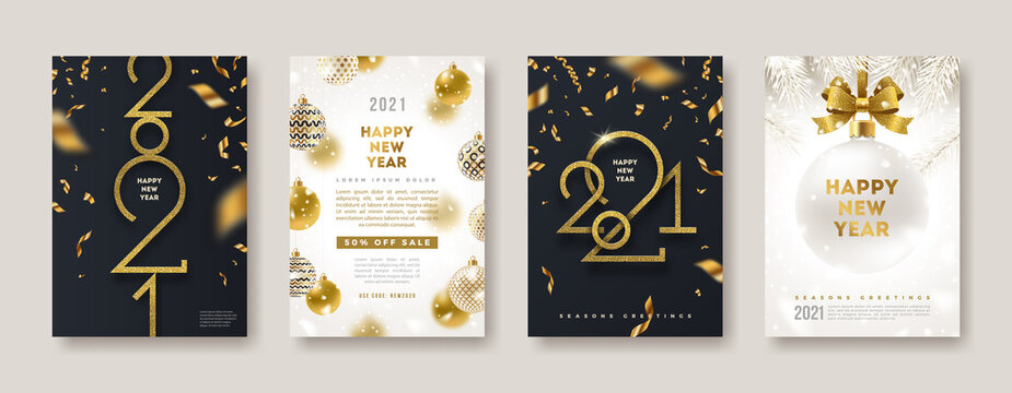 Set of greeting card with golden 2021 New Year logo. New year glitter gold sign, Vector illustration. Holiday design for greeting card, invitation, cover, calendar, etc.