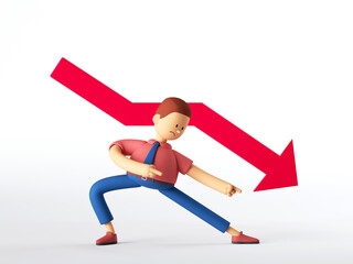 3d render. Man cartoon character with decreasing chart, financial risk warning, red arrow graph goes down. Economic crisis concept. Business clip art isolated on white background.