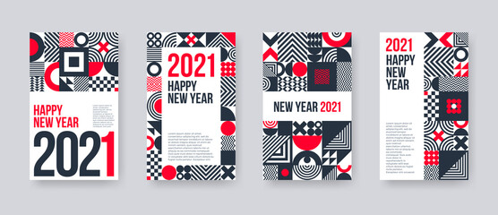 2021 new year greeting card set. Poster set with geometric shapes and pattern. Monochrome design with red elements. Design for greeting card, poster, cover, invitation, Vector illustration.